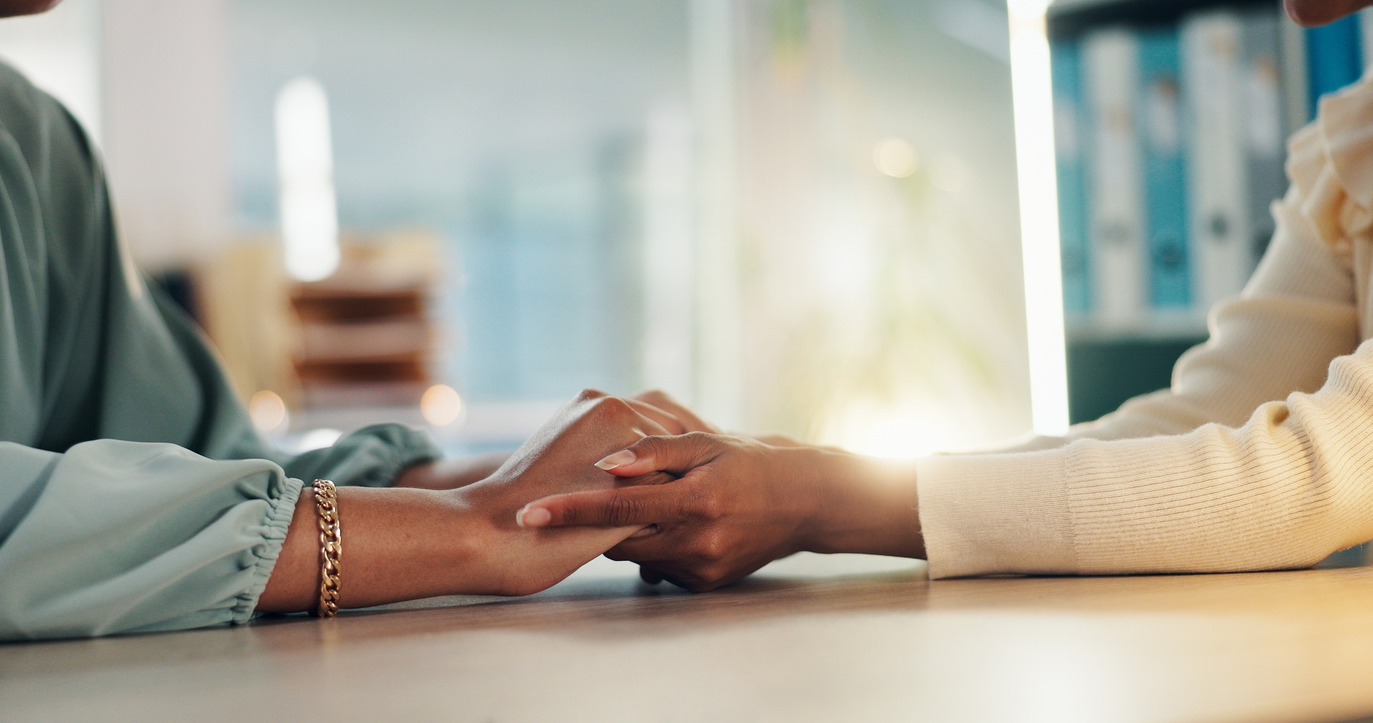 People, hands or empathy with consultation for talk, understanding or counseling therapy at office.